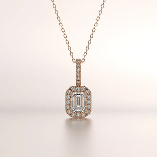Front-view: Emerald Cut Diamond Necklace with Halo Setting in 14k Rose Gold - Lab Grown - Driona Jewels