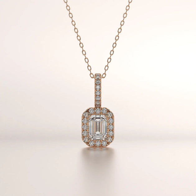 Front-view: Emerald Cut Diamond Necklace with Halo Setting in 14k Rose Gold - Lab Grown - Driona Jewels