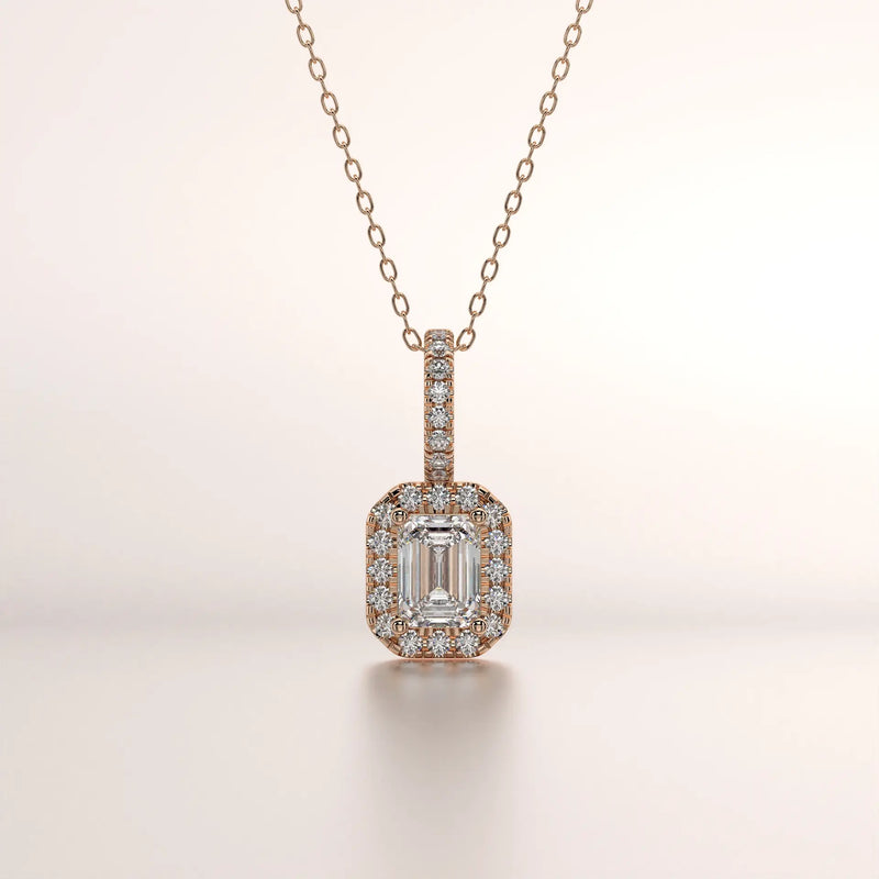 Front-view: Emerald Cut Diamond Necklace with Halo Setting in 14k Rose Gold - Lab Grown - Driona Jewels