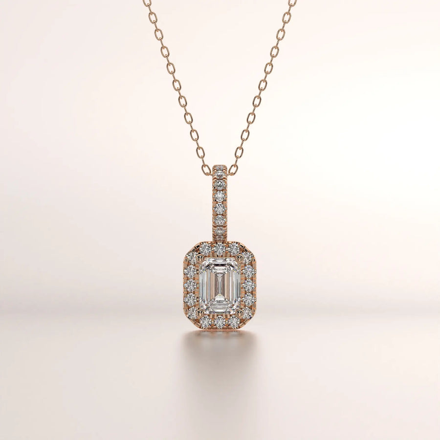 Front-view: Emerald Cut Diamond Necklace with Halo Setting in 14k Rose Gold - Lab Grown - Driona Jewels