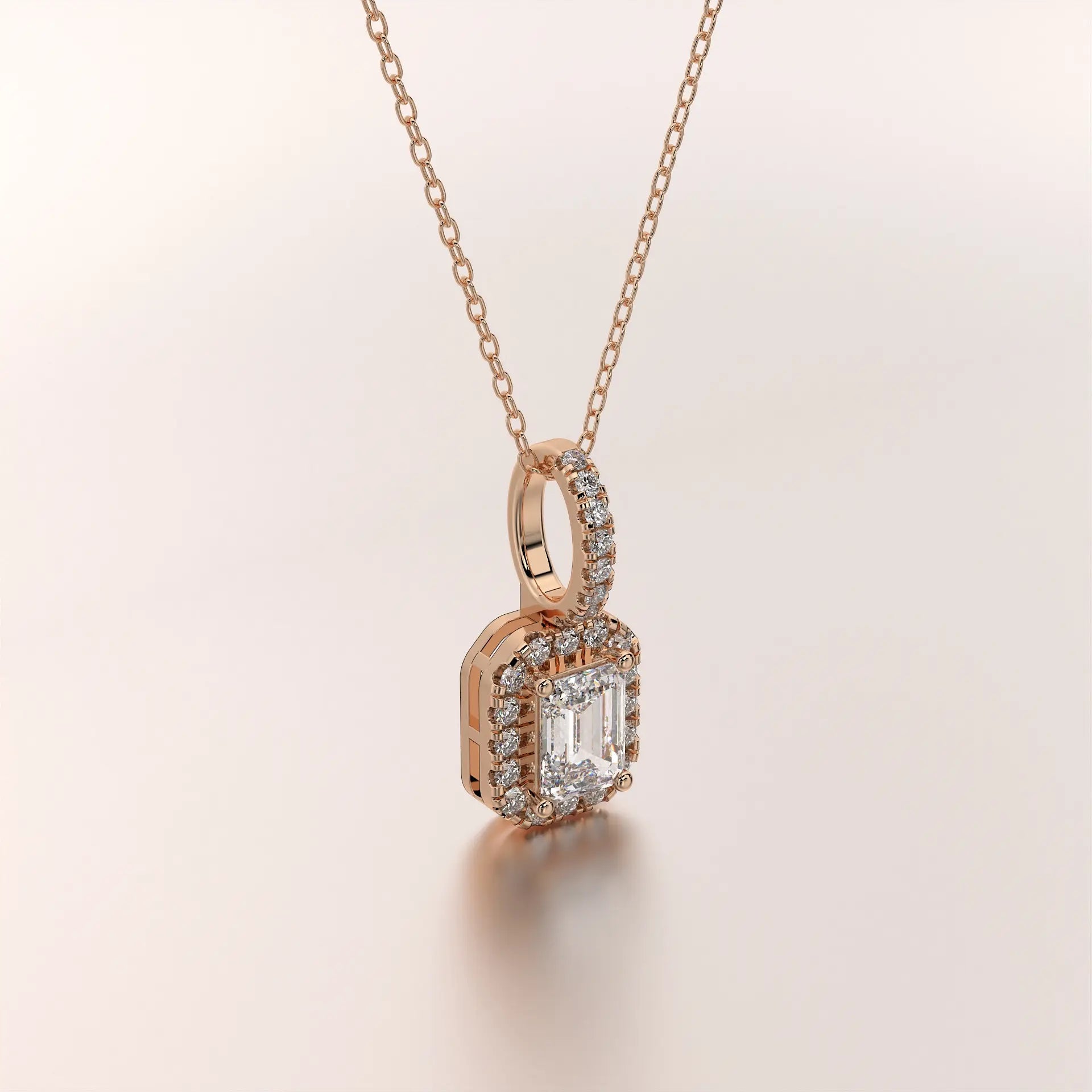 Three-quarter-view: Emerald Cut Diamond Necklace with Halo Setting in 14k Rose Gold - Lab Grown - Driona Jewels