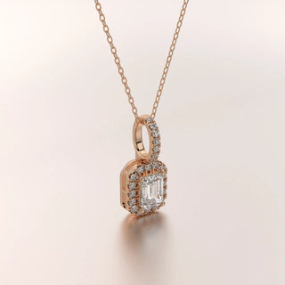Three-quarter-view: Emerald Cut Diamond Necklace with Halo Setting in 14k Rose Gold - Lab Grown - Driona Jewels