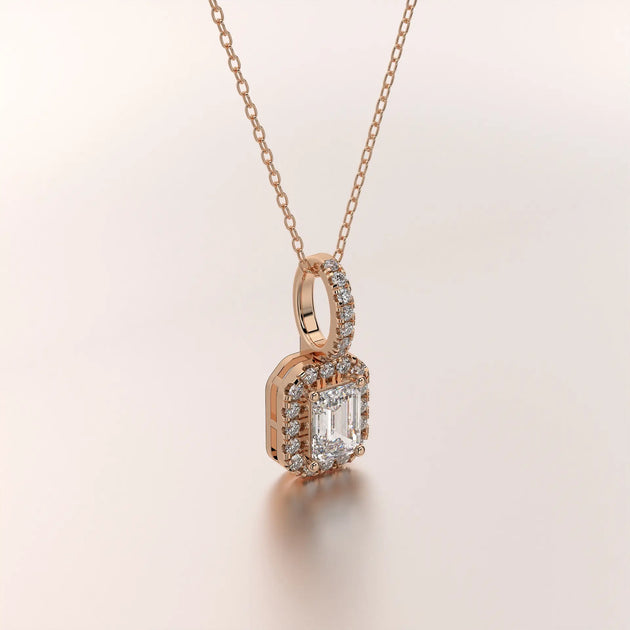 Three-quarter-view: Emerald Cut Diamond Necklace with Halo Setting in 14k Rose Gold - Lab Grown - Driona Jewels