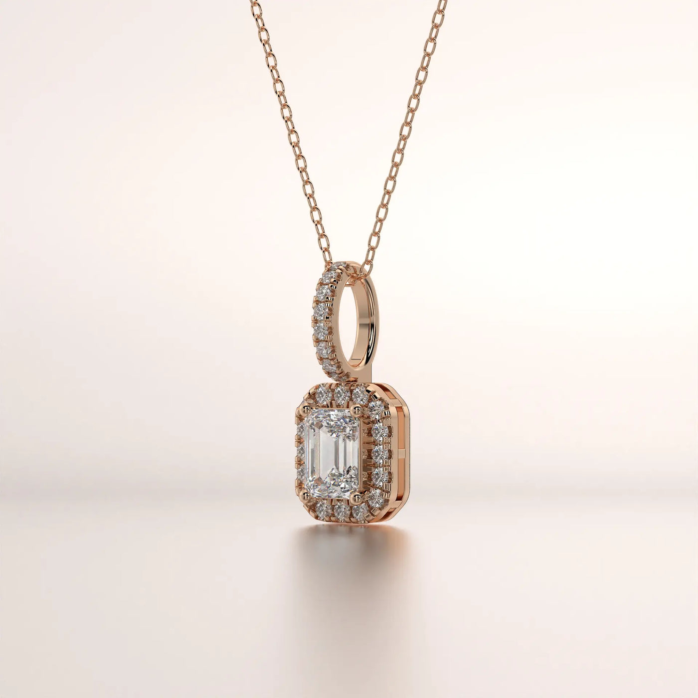 Front-view: Emerald Cut Diamond Necklace with Halo Setting in 14k Rose Gold - Lab Grown - Driona Jewels