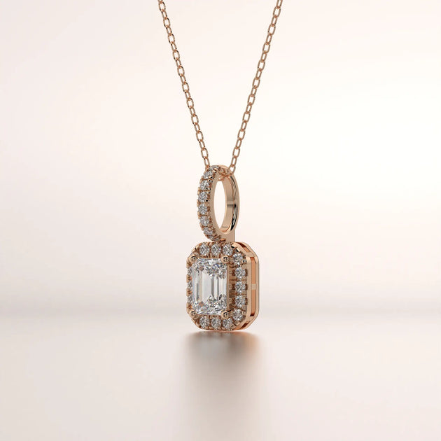 Front-view: Emerald Cut Diamond Necklace with Halo Setting in 14k Rose Gold - Lab Grown - Driona Jewels