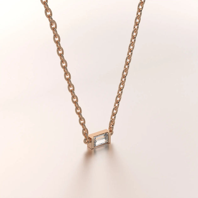 Angle View: Emerald Diamond Necklace with Bezel Setting in 14k Rose Gold - Lab Grown - Driona Jewels