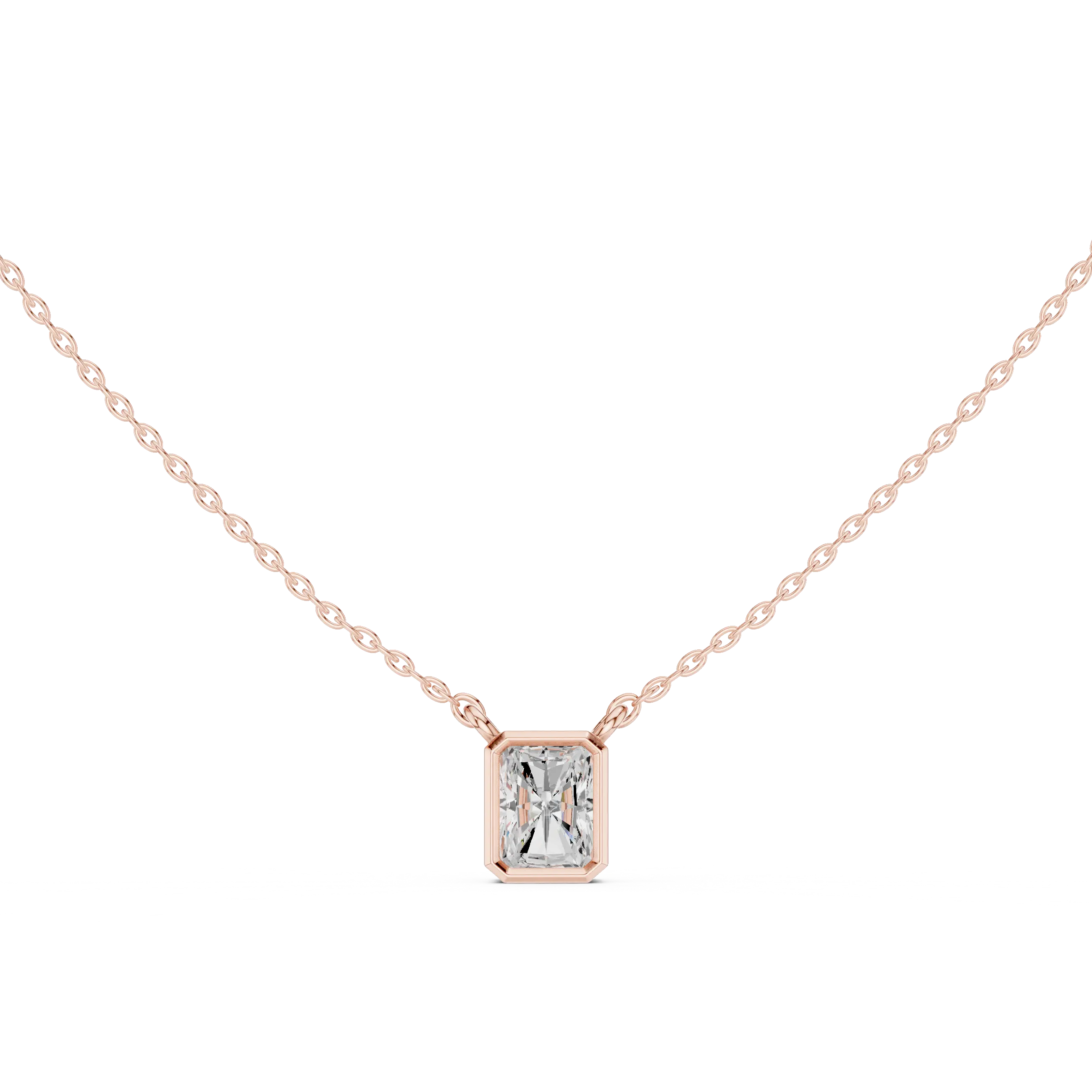 Front-view: Emerald Cut Diamond Necklace with Bezel Setting in 14k Rose Gold - Lab Grown - Driona Jewels