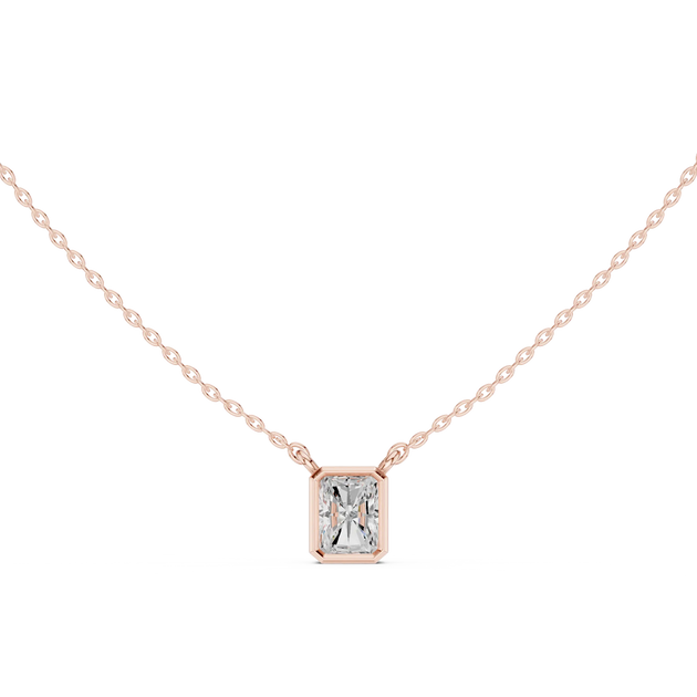 Front-view: Emerald Cut Diamond Necklace with Bezel Setting in 14k Rose Gold - Lab Grown - Driona Jewels