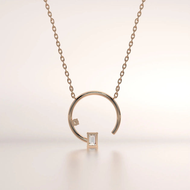 Front-view: Emerald Diamond Necklace with Bezel Setting in 14k Rose Gold - Lab Grown - Driona Jewels
