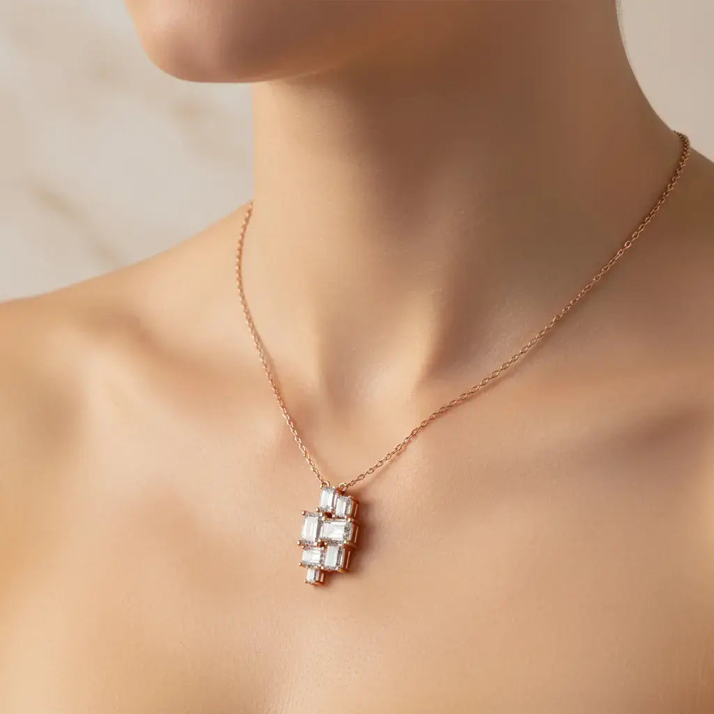 Front-view: Emerald Cut Diamond Necklace with Bezel Setting in 14k Rose Gold - Lab Grown - Driona Jewels