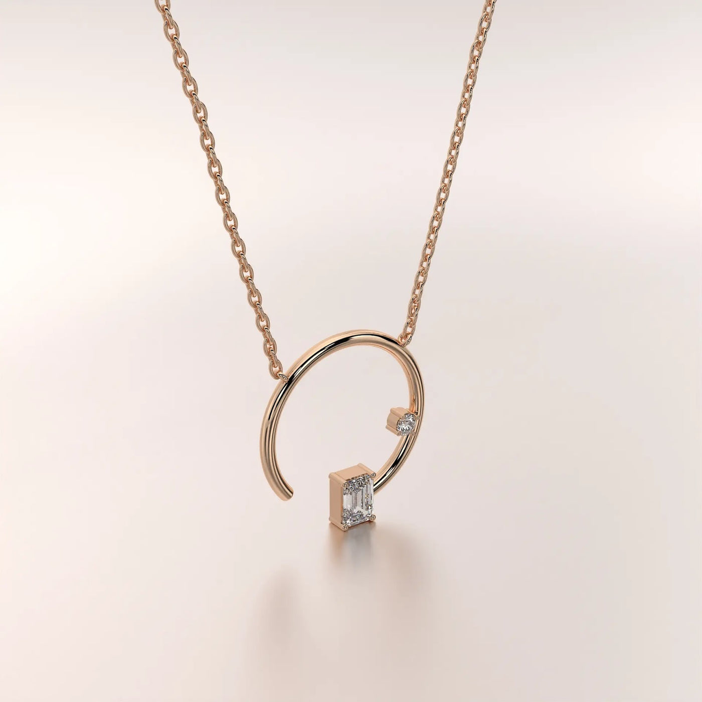 Front View: Emerald Diamond Necklace with Bezel Setting in 14k Rose Gold - Lab Grown - Driona Jewels