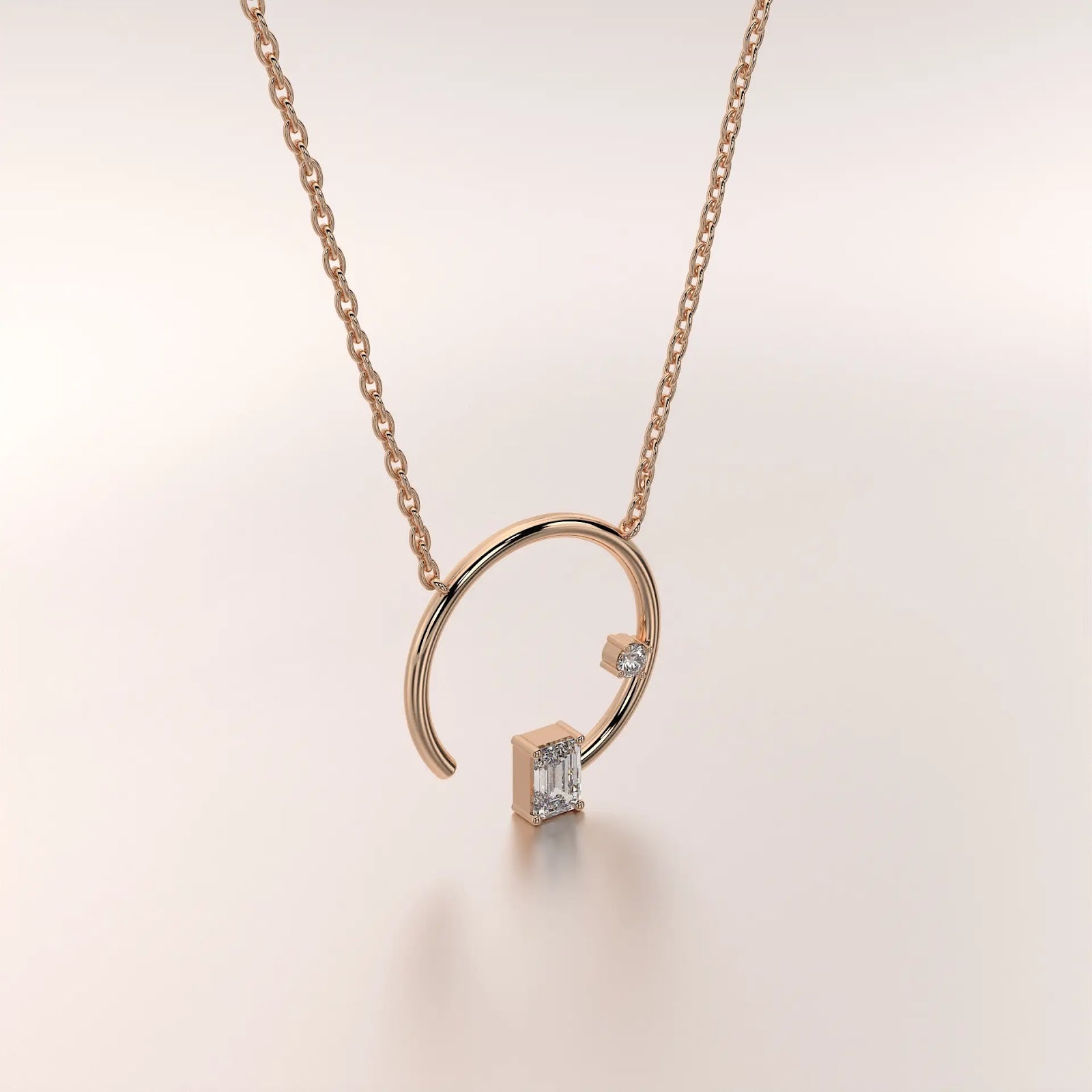 Front View: Emerald Diamond Necklace with Bezel Setting in 14k Rose Gold - Lab Grown - Driona Jewels