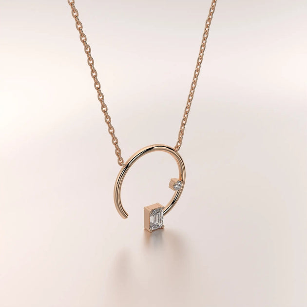 Front View: Emerald Diamond Necklace with Bezel Setting in 14k Rose Gold - Lab Grown - Driona Jewels