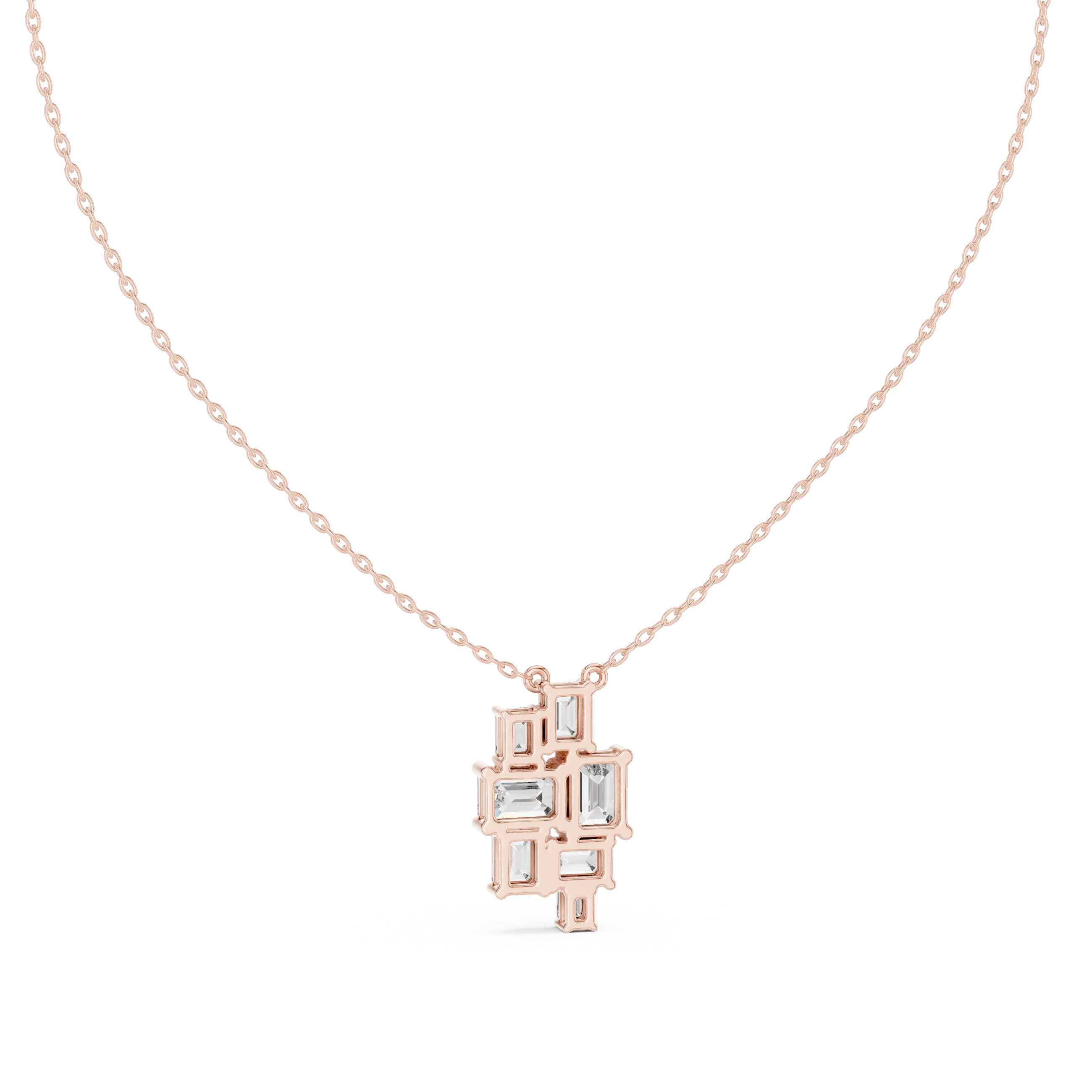 Front-View: Emerald Cut Diamond Necklace with Bezel Setting in 14k Rose Gold - Lab Grown - Driona Jewels