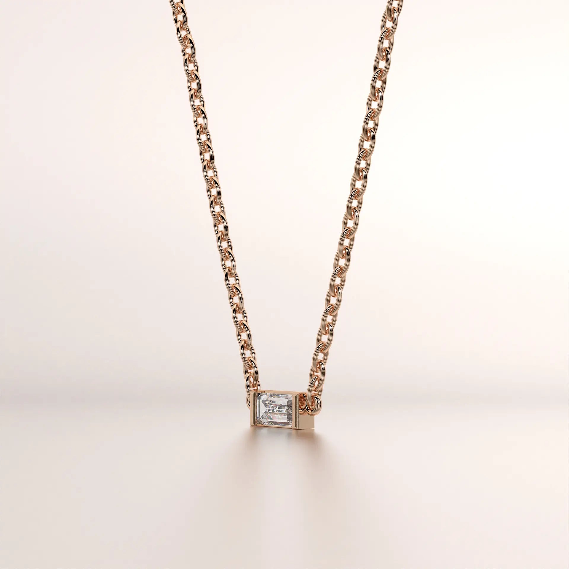 Front-view: Emerald Diamond Necklace with Bezel Setting in 14k Rose Gold - Lab Grown - Driona Jewels