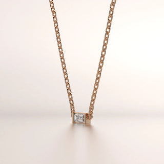 Front-view: Emerald Diamond Necklace with Bezel Setting in 14k Rose Gold - Lab Grown - Driona Jewels