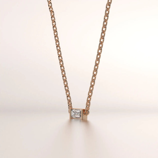Front-view: Emerald Diamond Necklace with Bezel Setting in 14k Rose Gold - Lab Grown - Driona Jewels