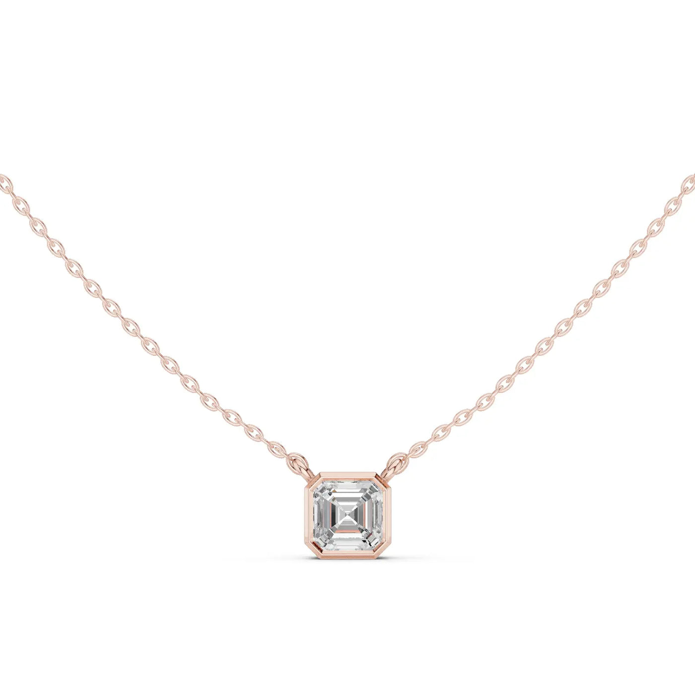 Front-View: Emerald Diamond Necklace with Bezel Setting in 14k Rose Gold - Lab Grown - Driona Jewels