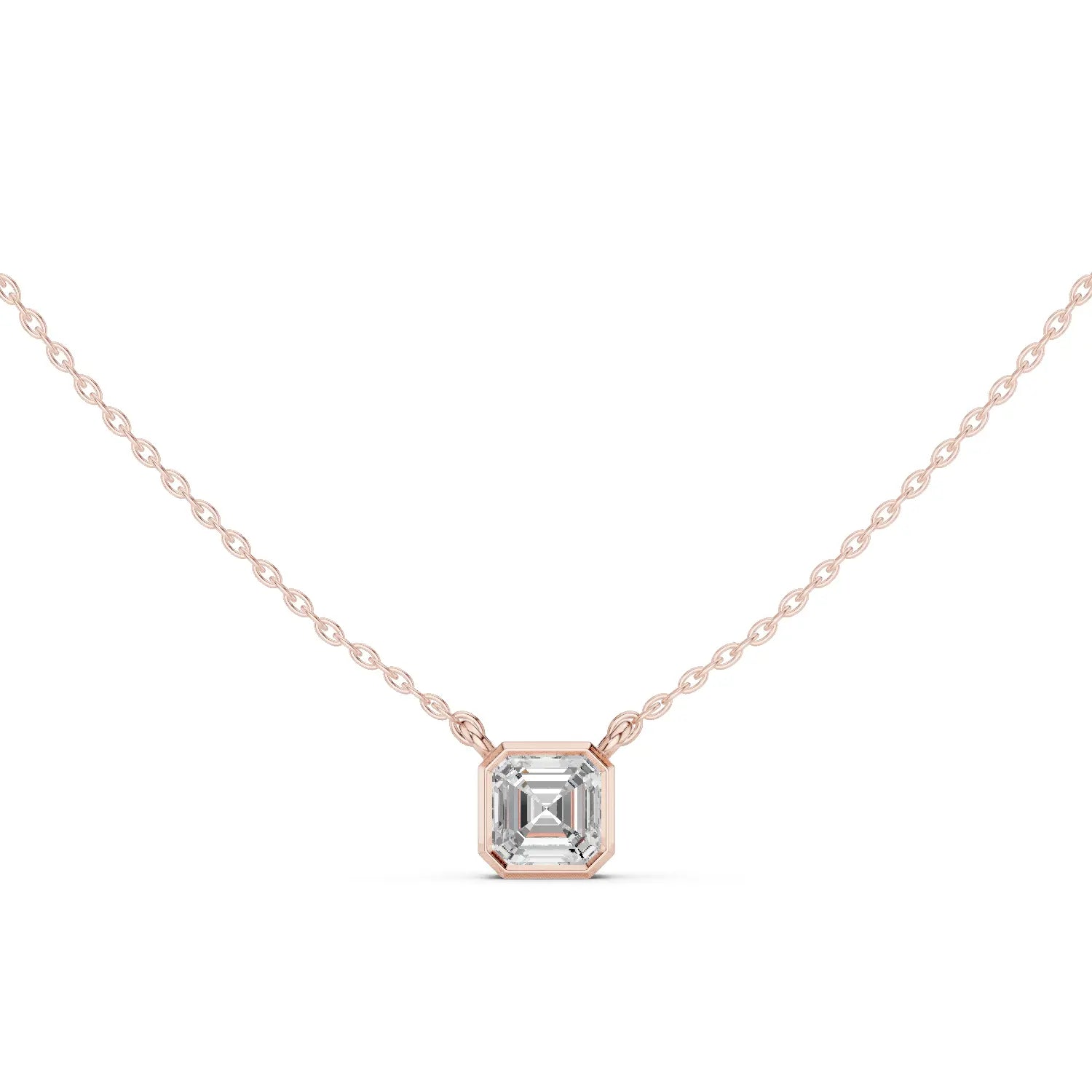 Front-View: Emerald Diamond Necklace with Bezel Setting in 14k Rose Gold - Lab Grown - Driona Jewels