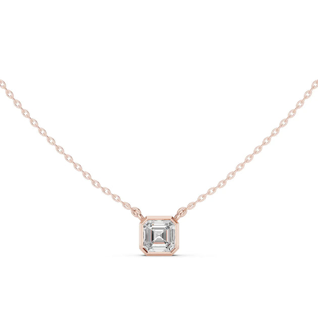 Front-View: Emerald Diamond Necklace with Bezel Setting in 14k Rose Gold - Lab Grown - Driona Jewels