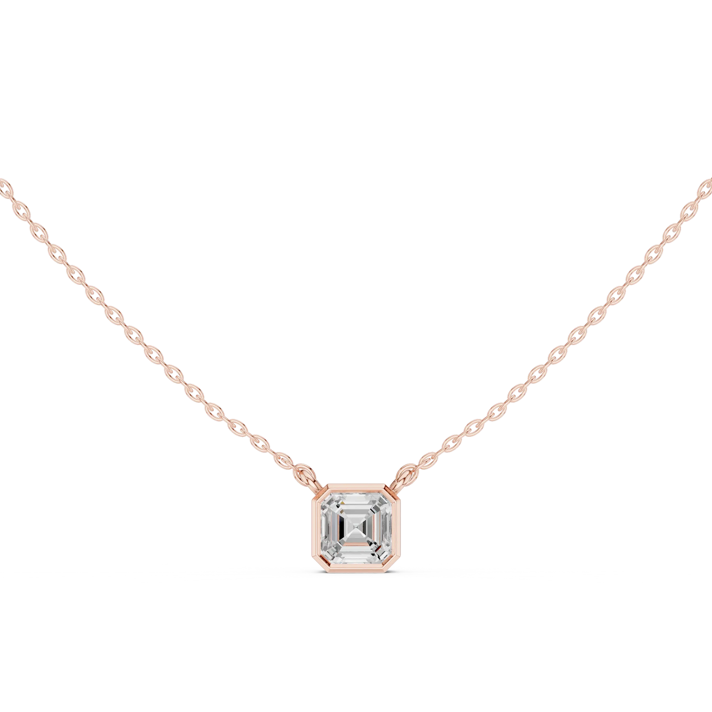 Front-view: Emerald Cut Diamond Necklace with Bezel Setting in 14k Rose Gold - Lab Grown - Driona Jewels