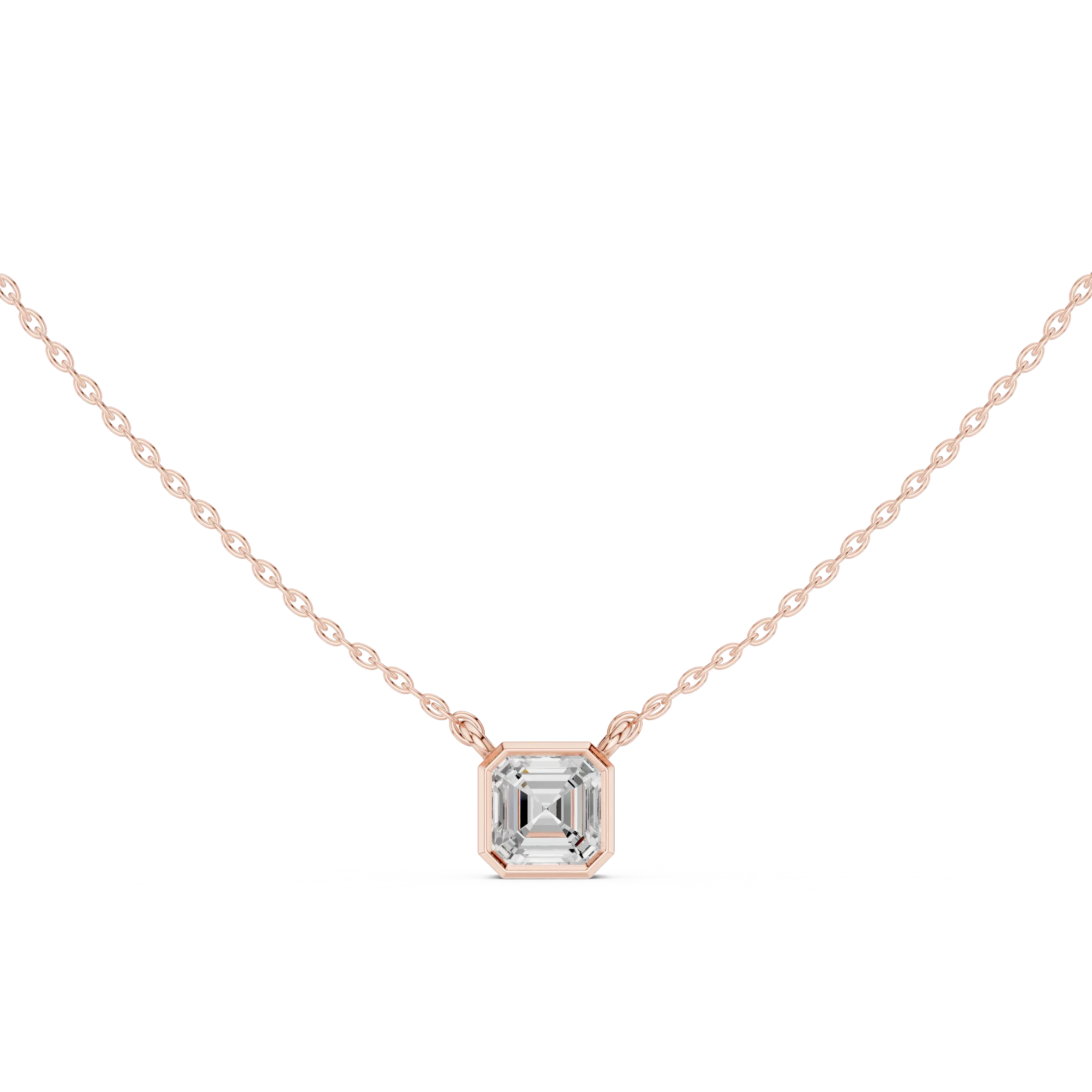 Front-view: Emerald Cut Diamond Necklace with Bezel Setting in 14k Rose Gold - Lab Grown - Driona Jewels