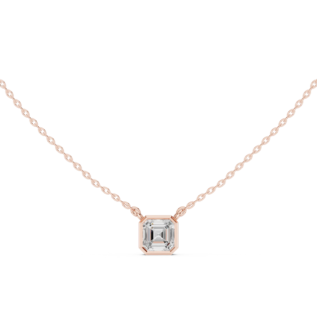 Front-view: Emerald Cut Diamond Necklace with Bezel Setting in 14k Rose Gold - Lab Grown - Driona Jewels