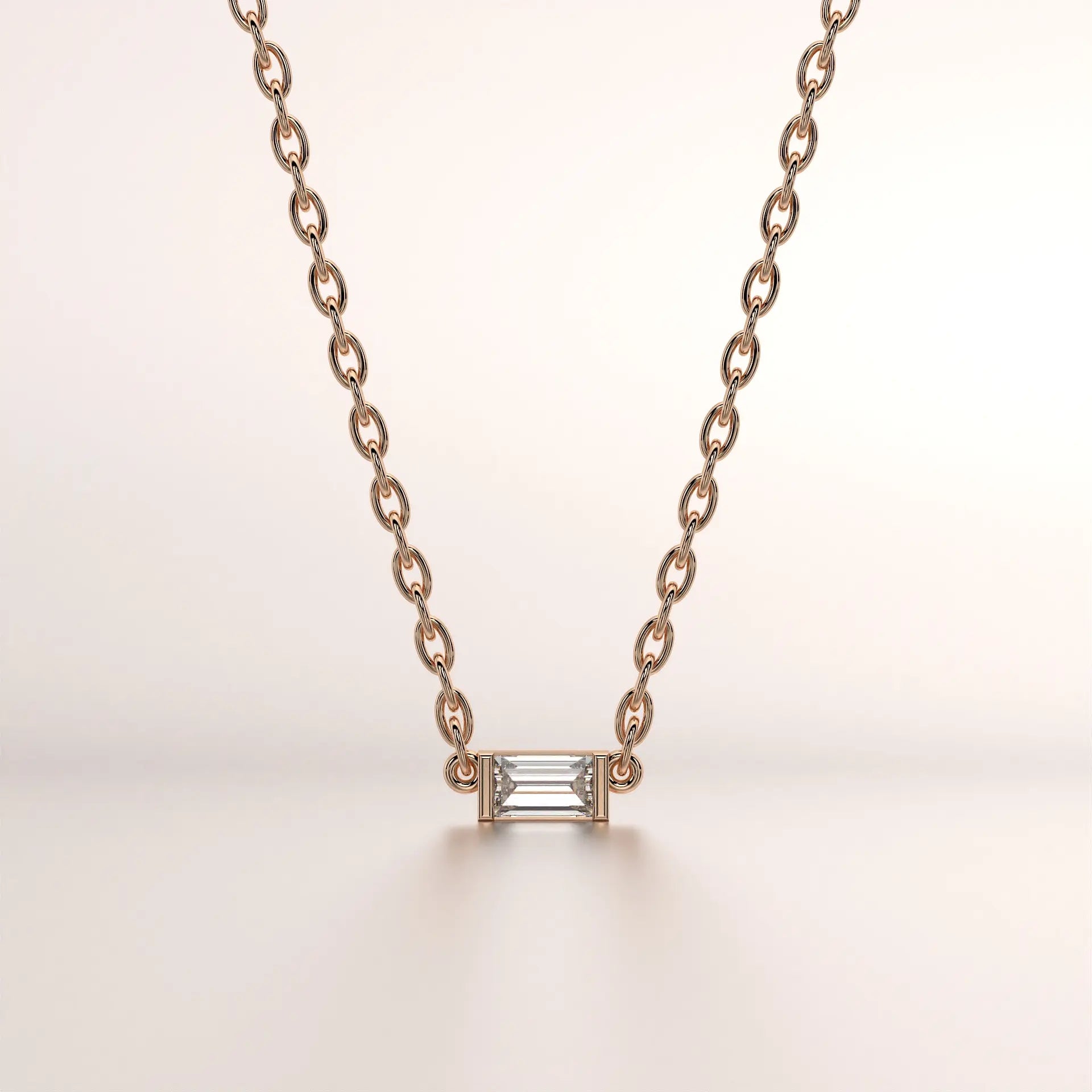 Front-view: Emerald Diamond Necklace with Bezel Setting in 18k Rose Gold - Lab Grown - Driona Jewels