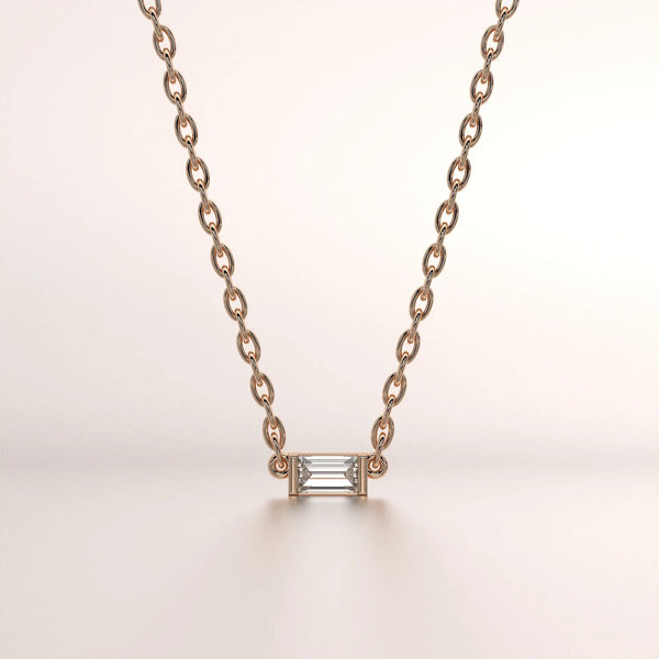Front-view: Emerald Diamond Necklace with Bezel Setting in 18k Rose Gold - Lab Grown - Driona Jewels