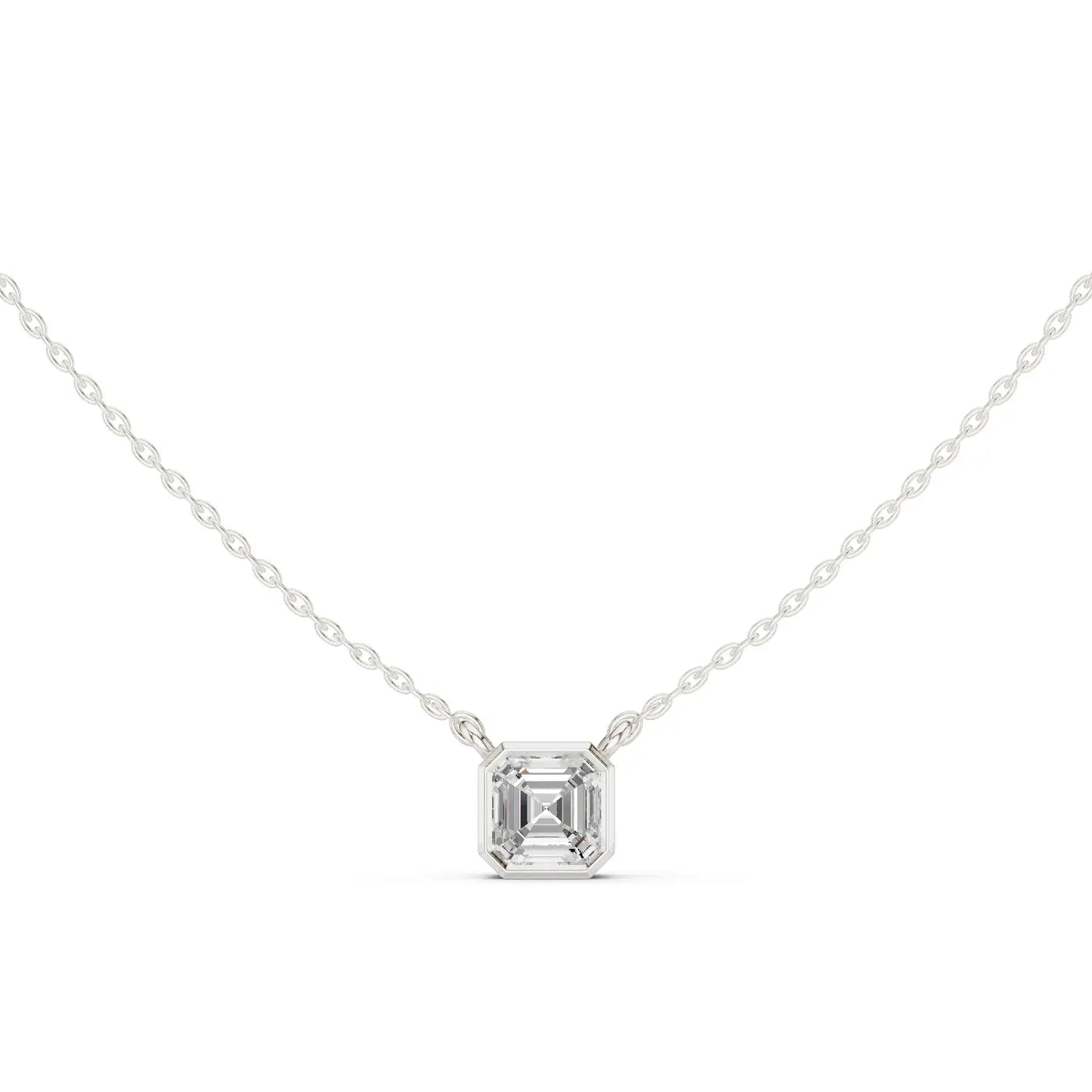 Front-view: Emerald Cut Diamond Necklace with Bezel Setting in 14k White Gold - Lab Grown - Driona Jewels
