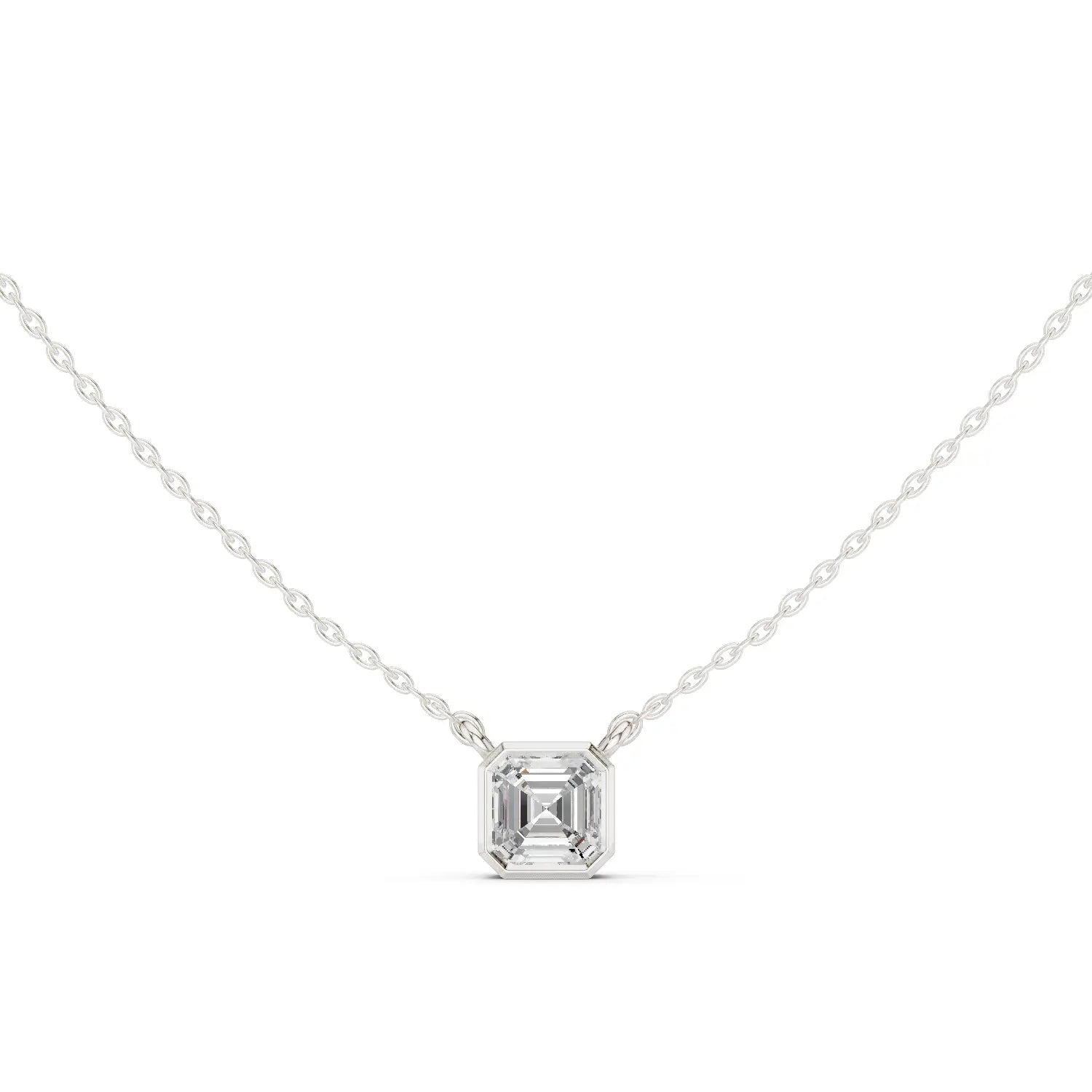 Front-view: Emerald Cut Diamond Necklace with Bezel Setting in 14k White Gold - Lab Grown - Driona Jewels