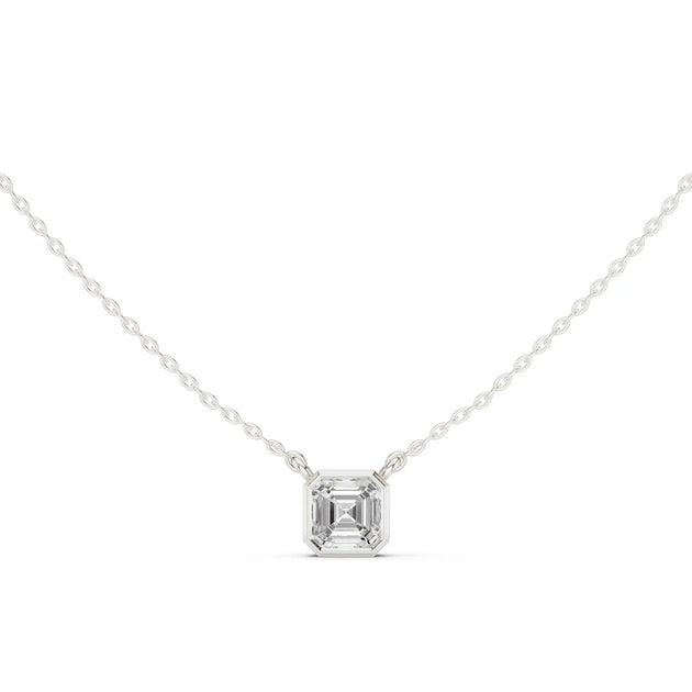 Front-view: Emerald Cut Diamond Necklace with Bezel Setting in 14k White Gold - Lab Grown - Driona Jewels