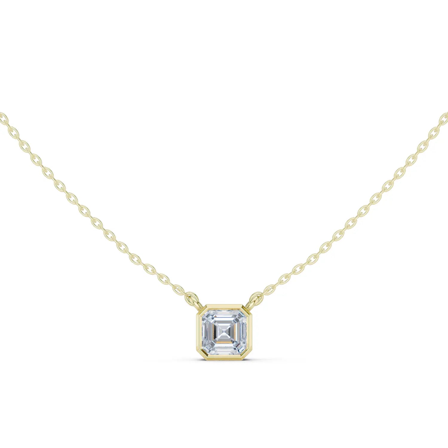 Front View: Emerald Diamond Necklace with Bezel Setting in 14k Yellow Gold - Lab Grown - Driona Jewels