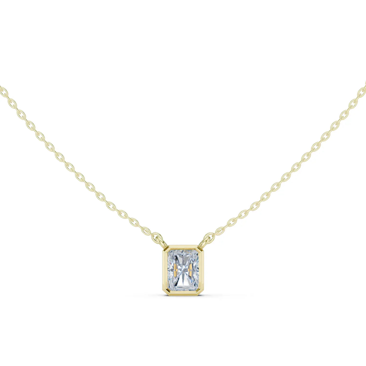 Front-view: Emerald Cut Diamond Necklace with Bezel Setting in 14k Yellow Gold - Lab Grown - Driona Jewels