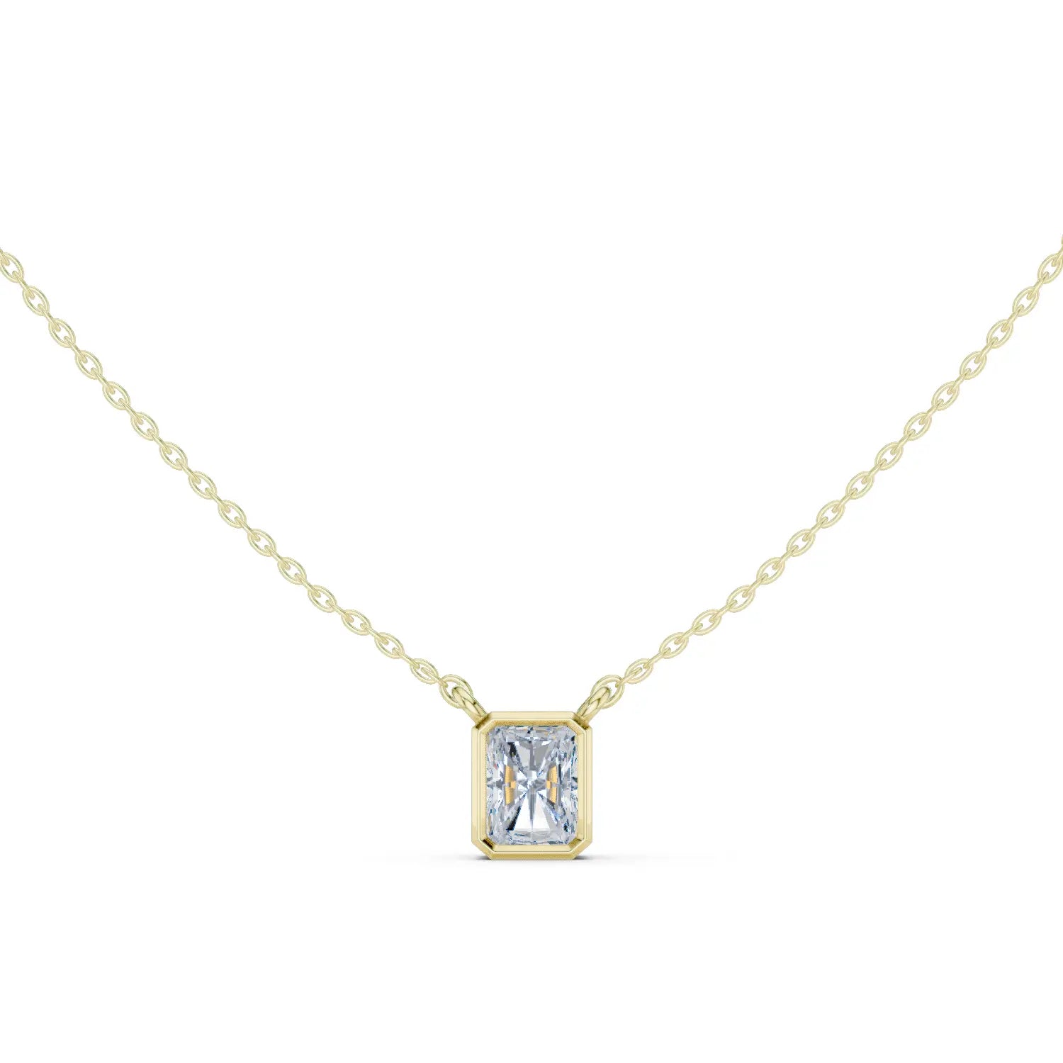Front-view: Emerald Cut Diamond Necklace with Bezel Setting in 14k Yellow Gold - Lab Grown - Driona Jewels