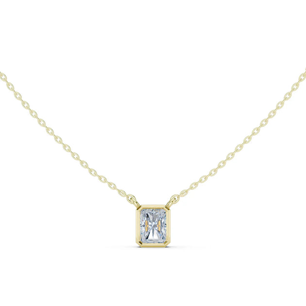 Front-view: Emerald Cut Diamond Necklace with Bezel Setting in 14k Yellow Gold - Lab Grown - Driona Jewels