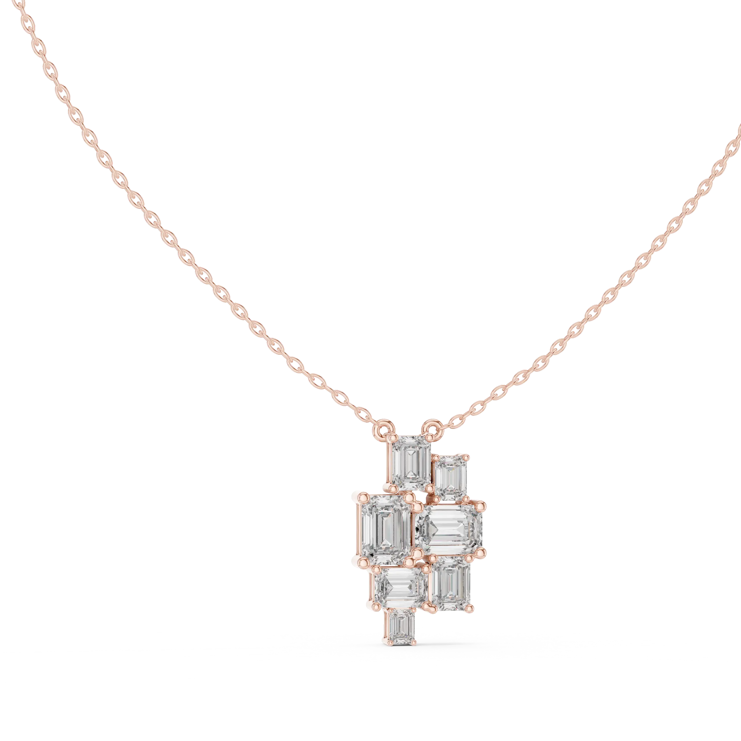 Front-View: Emerald Cut Diamond Necklace with Cluster Setting in 14k Rose Gold - Lab Grown - Driona Jewels