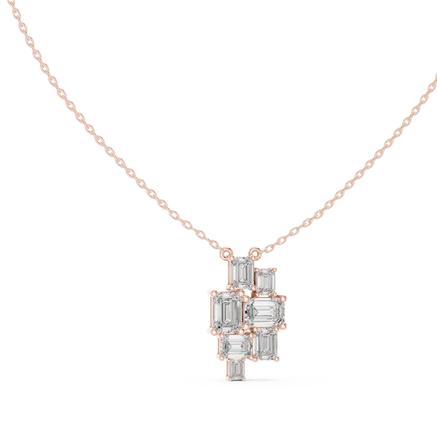 Front-View: Emerald Cut Diamond Necklace with Cluster Setting in 14k Rose Gold - Lab Grown - Driona Jewels