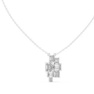 Front-View: Emerald Cut Diamond Necklace with Cluster Setting in 14k White Gold - Lab Grown - Driona Jewels
