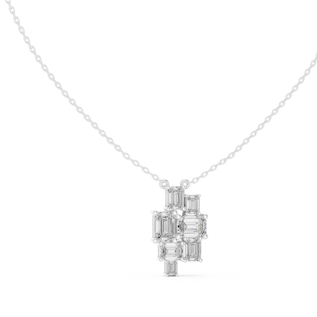 Front-View: Emerald Cut Diamond Necklace with Cluster Setting in 14k White Gold - Lab Grown - Driona Jewels