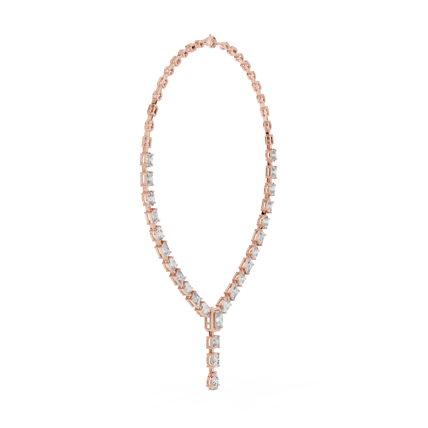 Front-View: Emerald Cut Diamond Necklace with Pave Setting in 14k Rose Gold - Lab Grown - Driona Jewels