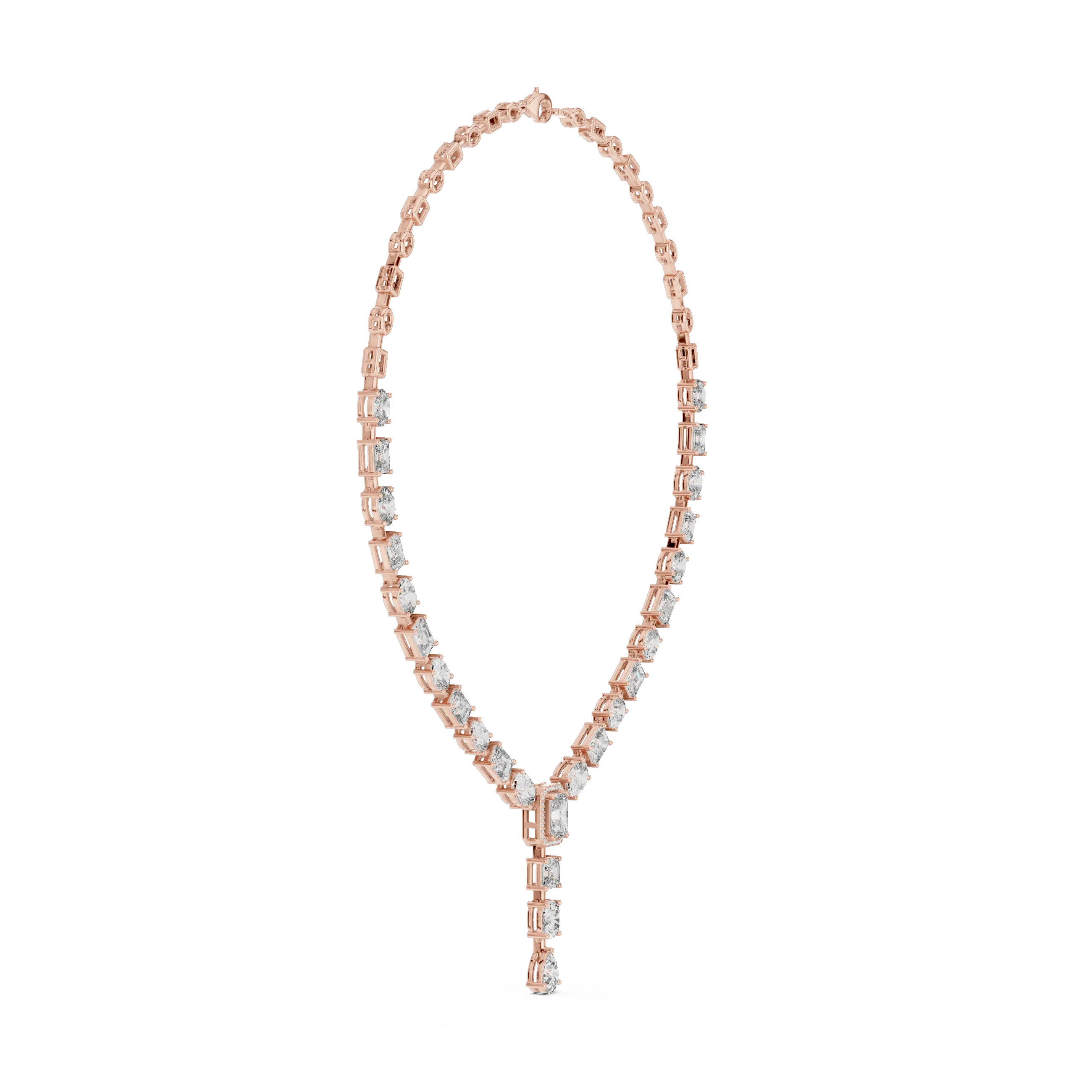 Front-View: Emerald Cut Diamond Necklace with Pave Setting in 14k Rose Gold - Lab Grown - Driona Jewels