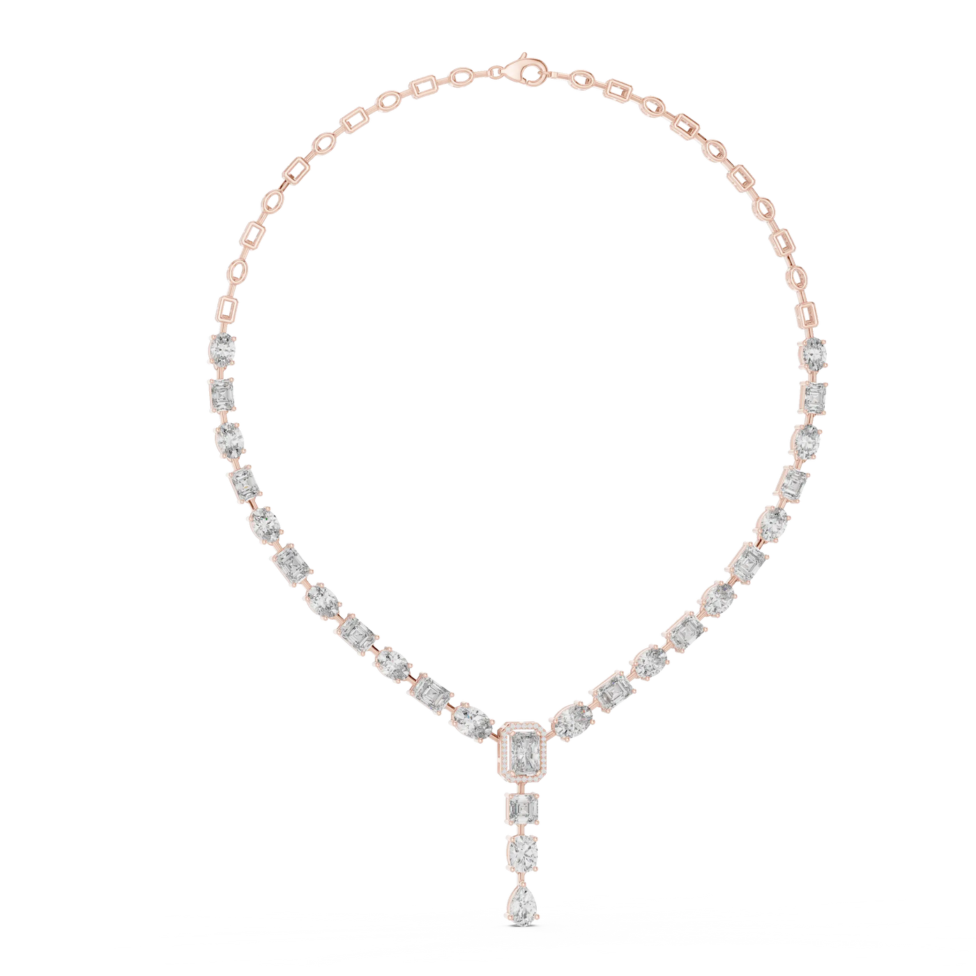 Front View: Emerald Cut Diamond Necklace with Pave Setting in 14k Rose Gold - Lab Grown - Driona Jewels