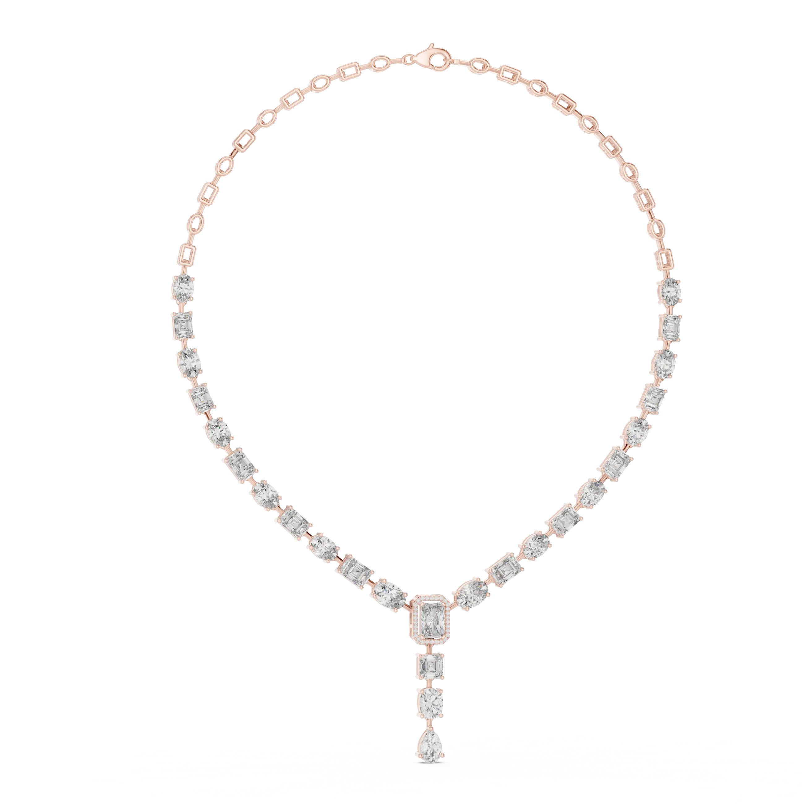 Front View: Emerald Cut Diamond Necklace with Pave Setting in 14k Rose Gold - Lab Grown - Driona Jewels
