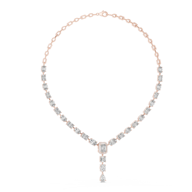 Front View: Emerald Cut Diamond Necklace with Pave Setting in 14k Rose Gold - Lab Grown - Driona Jewels
