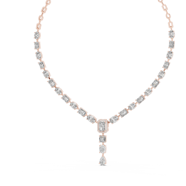 Front View: Emerald Cut Diamond Necklace with Pave Setting in 14k Rose Gold - Lab Grown - Driona Jewels