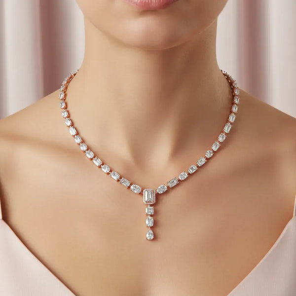 Front-view: Emerald Cut Diamond Necklace with Pave Setting in 14k Rose Gold - Lab Grown - Driona Jewels