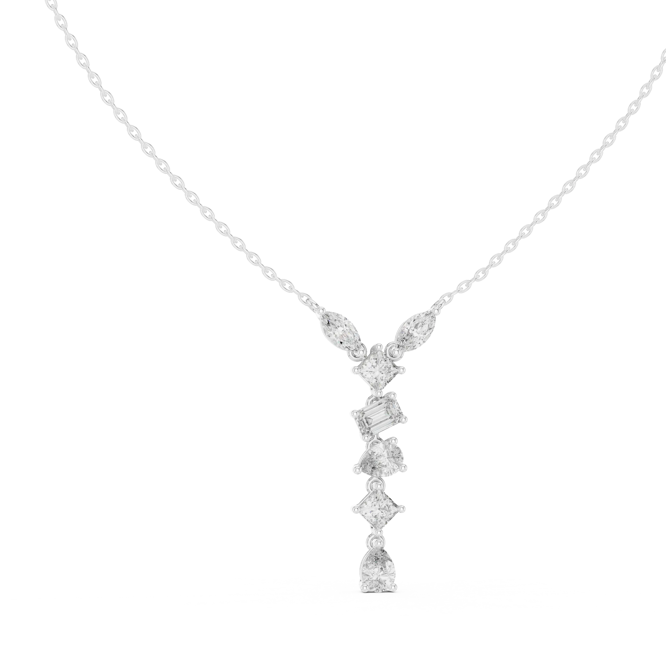 Front-view: Emerald Cut Diamond Necklace with Pave Setting in 14k White Gold - Lab Grown - Driona Jewels