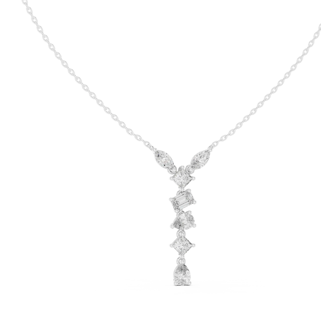 Front-view: Emerald Cut Diamond Necklace with Pave Setting in 14k White Gold - Lab Grown - Driona Jewels