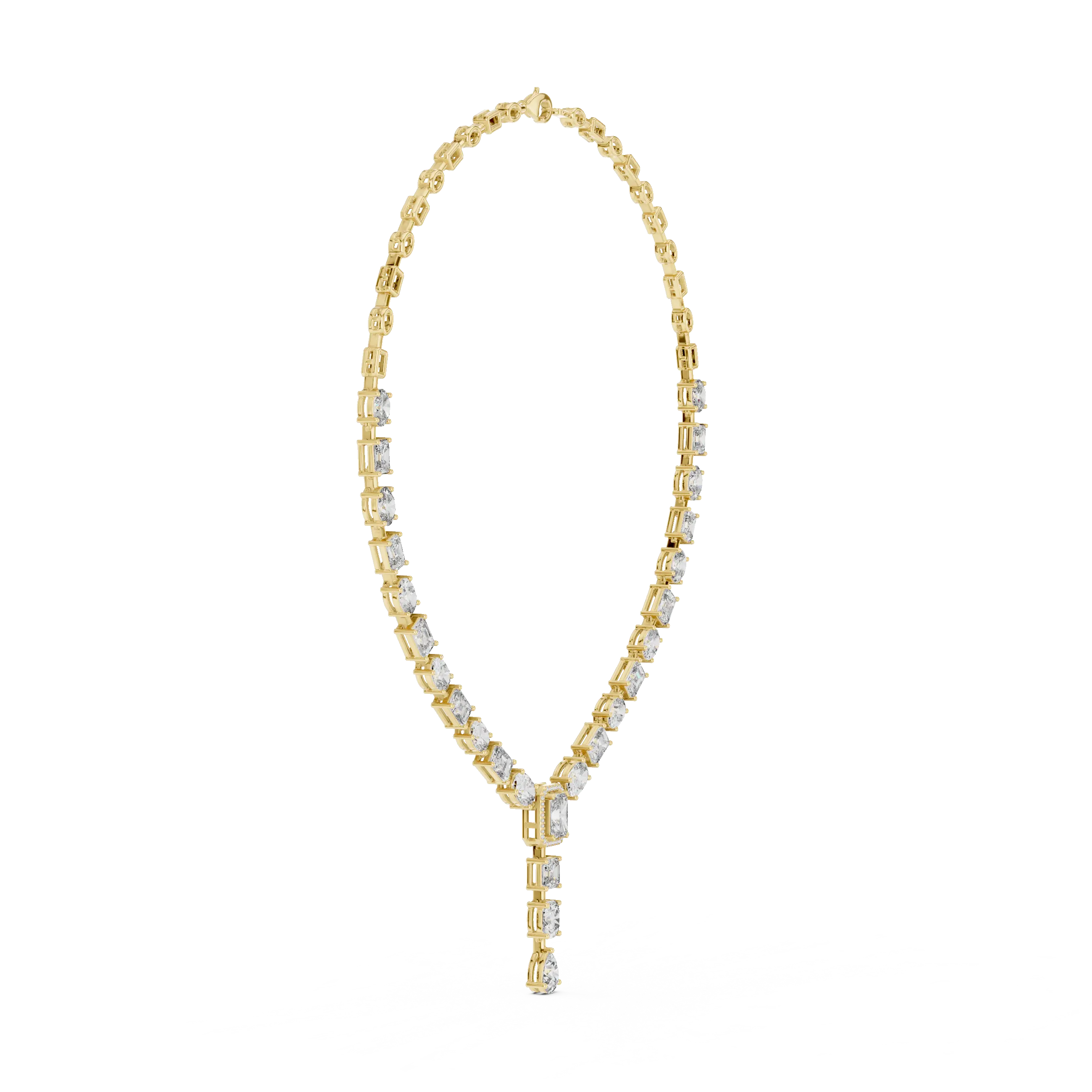 Front-View: Emerald Cut Diamond Necklace with Pave Setting in 14k Yellow Gold - Lab Grown - Driona Jewels